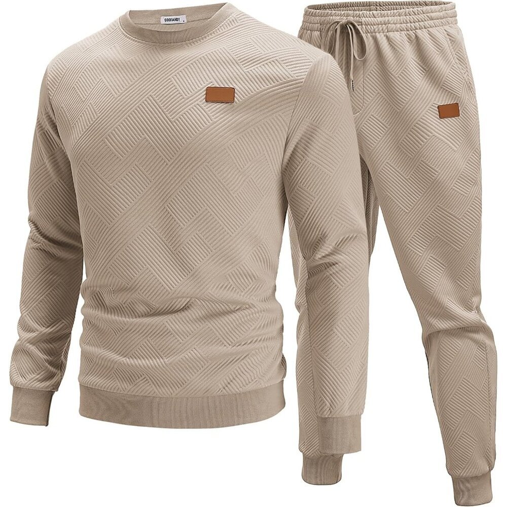 Men's 2 Piece Sweat suit Jogging Suit Long Sleeve Jacquard Shirt Medium Khaki